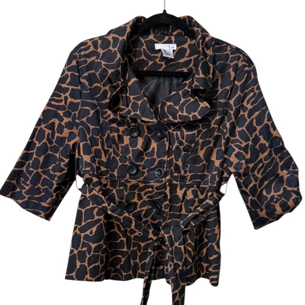 Luii Animal Print Trench Coat Belted 3/4 Sleeve Jacket Medium